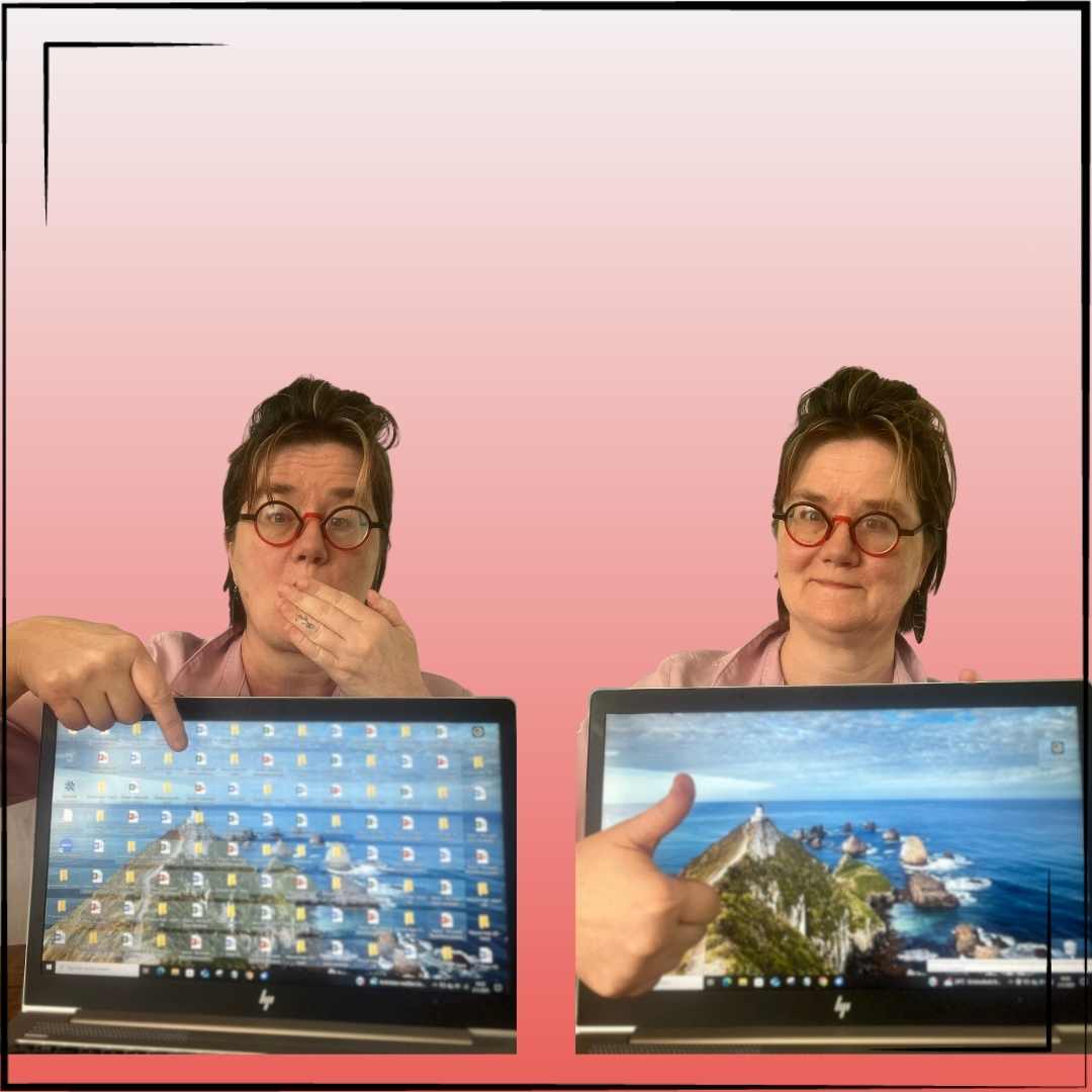 Vergelijking van twee laptopbureaubladen: links een chaotisch bureaublad vol losse bestanden, rechts een overzichtelijk scherm met lege achtergrond en duidelijke mappen.