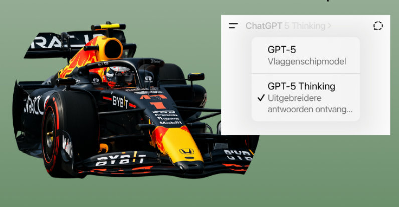 formule 1 wagen wordt vergeleken met chatgpt 5 thinking voor krachtige uitgebreide discussies, nazoekwerh etc